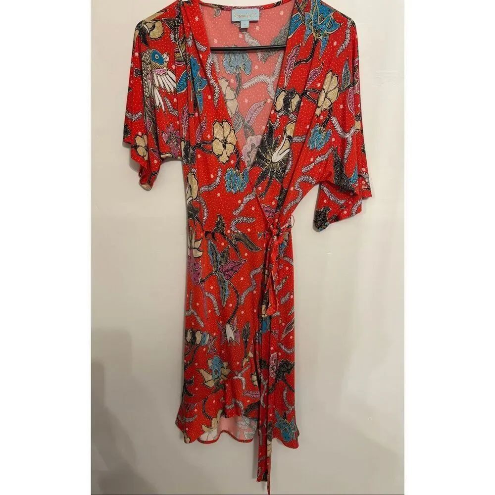 Veronica M Wrap Dress Size Small Red Abstract Floral Midi Kimono Sleeves Lightwe